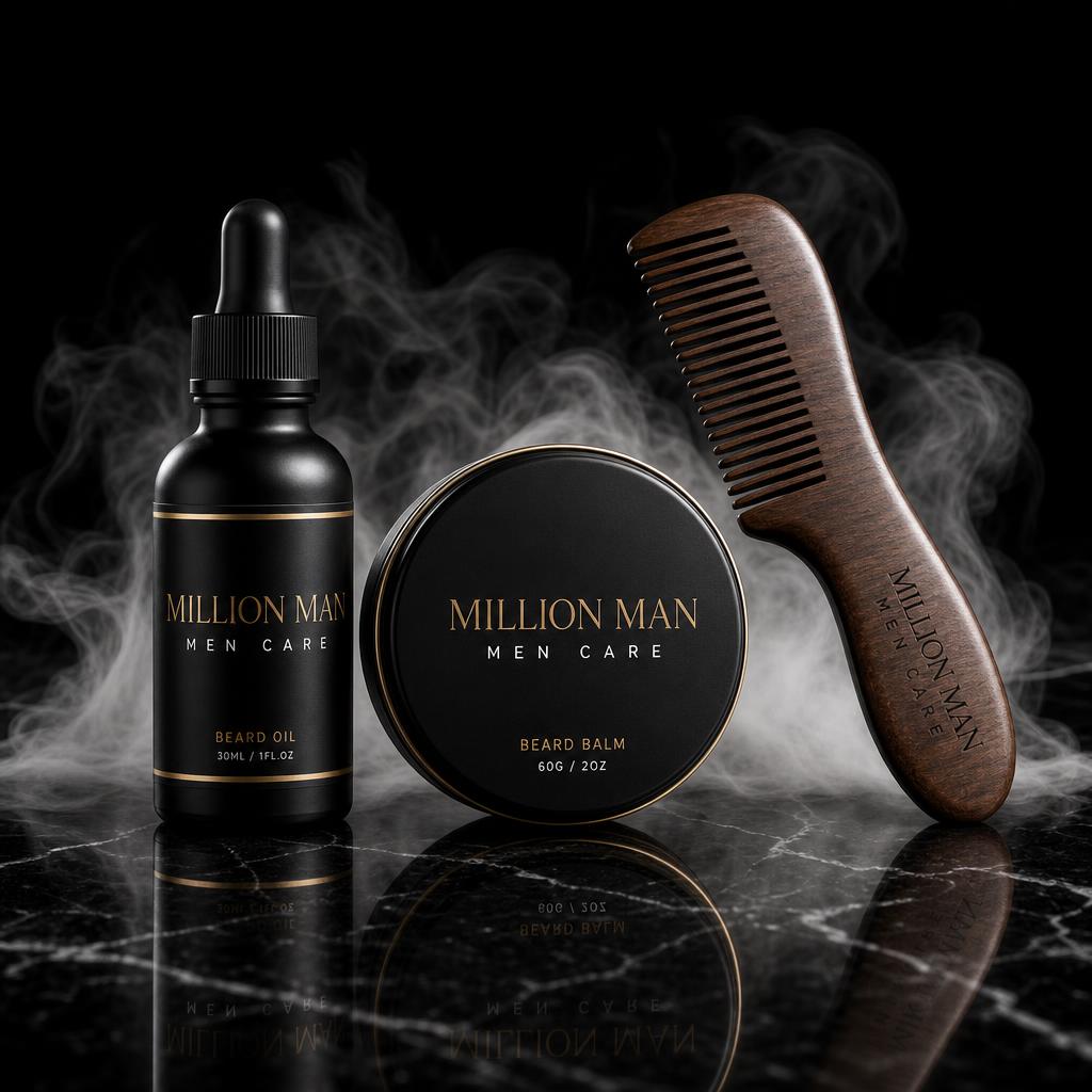 Million Man Men Care signature beard oil on black marble
